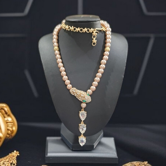 Jewelry - Luxury Champagne Pearl Snake Serpent Crystal Drop Necklace